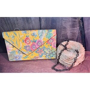 Vintage Hiptini Yellow Floral Clutch Envelope Chain‎ Shoulder Bag